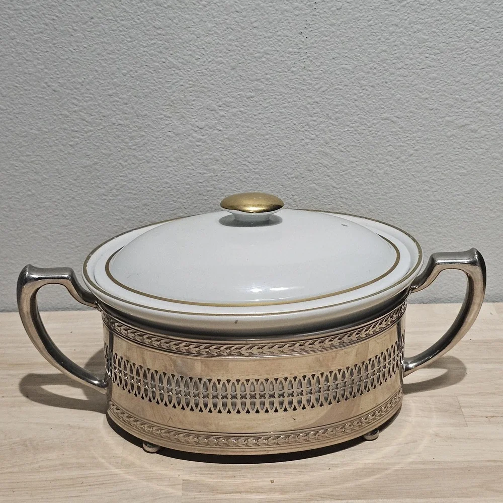 Silver Plate Casserole Server with Hall Pottery Liner and Lid Vintage